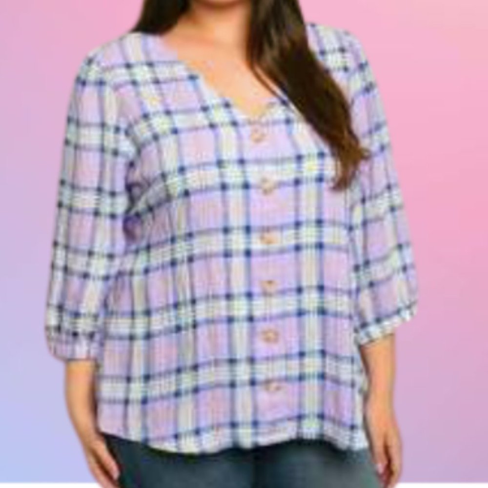 LAVENDER PLAID PLUS SIZE TOP, SIZE 1XL-3XL, NWT